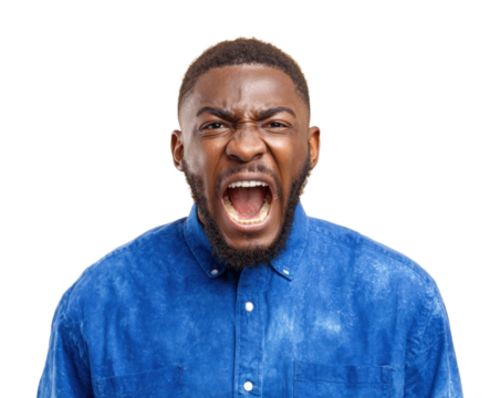 Man yelling emotionally portrait intense mood isolated on transparent background