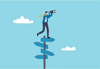 Search for right direction, business opportunity or success way, make decision or career path, vision to see future concept, smart businessman look through spyglass or binoculars to discover solution