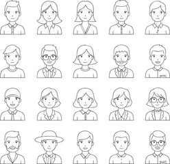 A diverse collection of black and white line art people avatars and user profile icons.