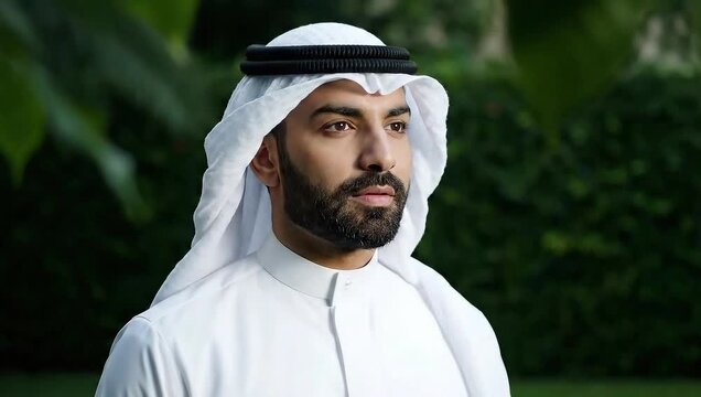 A man in traditional white attire, looking off-camera with a serious expression, set against foliage