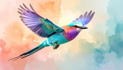 Lilac breasted roller flying through pastel sky illustrating color harmony and freedom in African nature during golden hour light