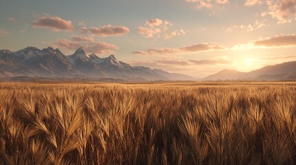 Golden wheat field sways gently in the breeze bathed in the warm glow of sunset with majestic snow capped mountains and