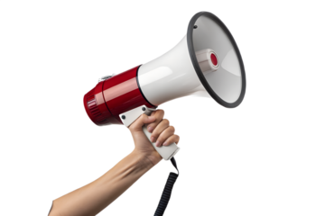 A hand holding a red and white megaphone, symbolizing announcements, public speaking, activism, protests, and urgent communication. Isolated on a transparent PNG background, ideal for campaign posters