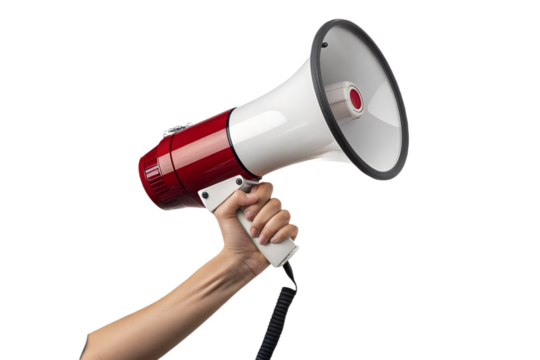A hand holding a red and white megaphone, symbolizing announcements, public speaking, activism, protests, and urgent communication. Isolated on a transparent PNG background, ideal for campaign posters