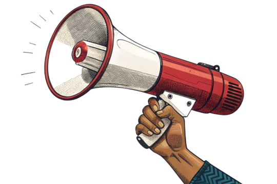 A hand holding a red and white megaphone, symbolizing announcements, public speaking, activism, protests, and urgent communication. Isolated on a transparent PNG background, ideal for campaign posters
