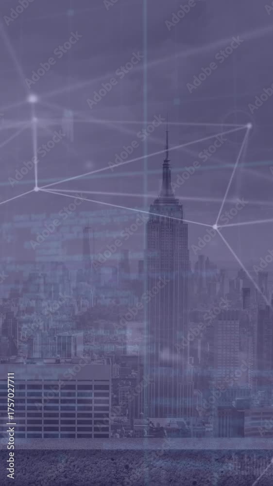 Wall mural animation of network of connections and data processing over cityscape