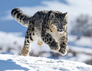 Snow Leopard leaping across snow