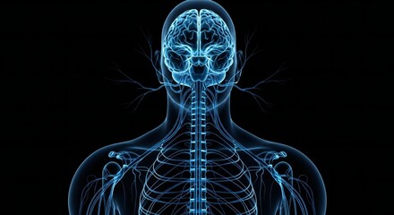  Human nervous system glowing in electric blue against a dark background