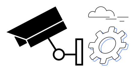 Security camera monitoring next to a mechanical gear with a cloud, symbolizing automation, protection, collaboration, and system management. Ideal for technology, security, development, monitoring