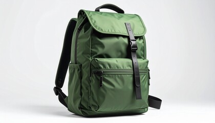 A sleek green backpack with flap closure and black buckle—featuring padded straps, side pockets, and a zippered front, isolated against plain background