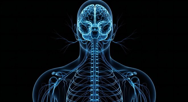  Human nervous system glowing in electric blue against a dark background