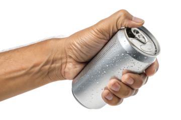 A strong hand crushing and squeezing a silver aluminum beverage can, symbolizing recycling, eco-conscious behavior, strength, and waste reduction. Isolated on a transparent PNG background, perfect for