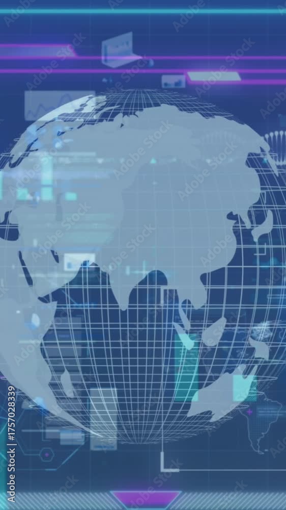 Wall mural Animation of infographic data with graphs, globe processing on digital interface