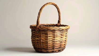 A woven wicker basket with a rounded handle sits empty on a flat surface