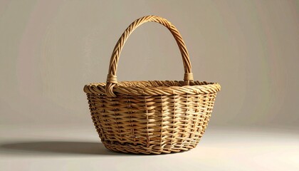 A woven wicker basket with a rounded handle sits empty on a flat surface