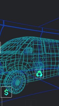 Animation of blue 3d wire frame electric van on computer graphic screen