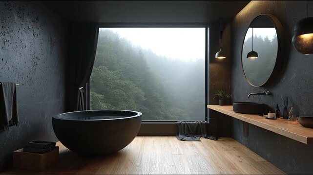Modern bathroom interior with panoramic view of forest landscape