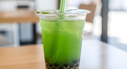 Refreshing Green Bubble Tea Drink with Tapioca Pearls.