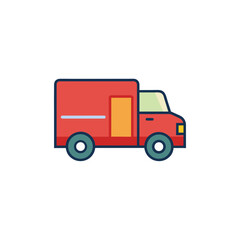 Red delivery truck icon with a simple flat design on a black background