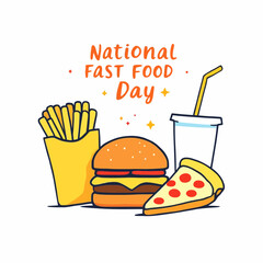 National Fast Food Day illustration with burger, fries, pizza, and soda.