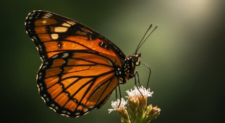 Fototapeta premium Vibrant monarch butterfly gracefully perched on delicate white flower