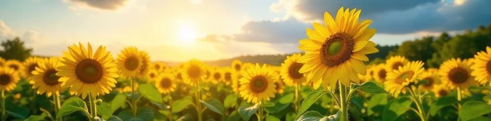 Obraz premium Vibrant sunflowers bask in the golden sunlight, their petals reaching towards the sky in a field of lush green A picturesque scene of summer growth and abundant nature , harvest, sunshine, rural
