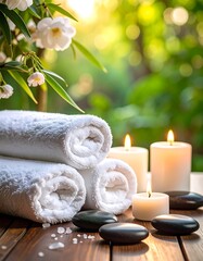 Stacked towels with candles, stones, and greenery create a spa setting