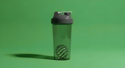 Empty transparent protein shaker bottle for sports nutrition on a vibrant green background.