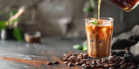 Milk pouring into a coffee cup with ice mocha latte syrup glass on a table copy space banner. Rustic dark background cafe banner with splashes, drops. 
