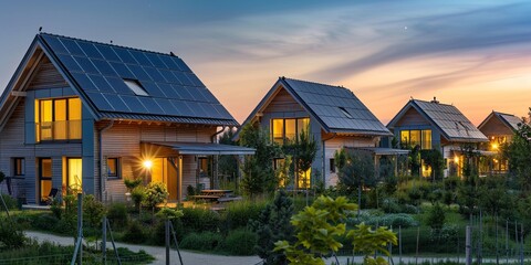 Obraz premium Row of sustainable wooden homes with solar panels, warm lights glowing at dusk, surrounded by greenery. Ideal for themes of eco-living and renewable energy.