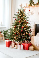 Cozy christmas living room with decorated tree and fireplace ambience