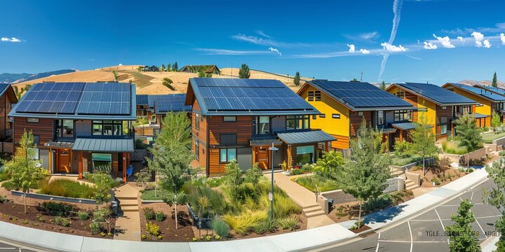 Row of sustainable wooden homes with solar panels, warm lights glowing at dusk, surrounded by greenery. Ideal for themes of eco-living and renewable energy.
