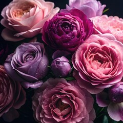 A lush bouquet of pink and purple roses with water droplets, showcasing their delicate beauty and soft petals
