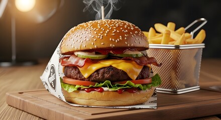 Delicious Burger with Fries on Wooden Board, Restaurant Meal.