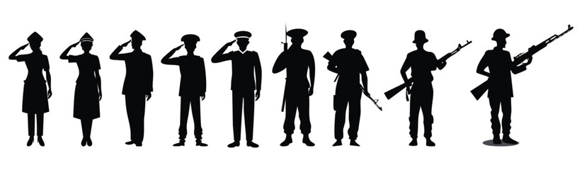 Indian Army soldier salutes with a gun: boy, woman, girl, black, silhouette.