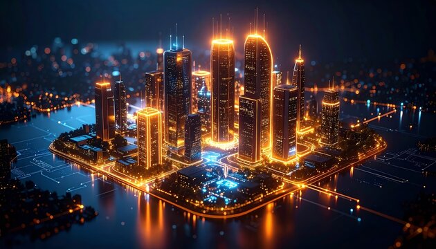 Spectacular futuristic cityscape illuminated with vibrant neon glows and complex circuits