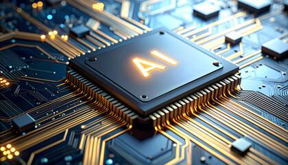 Gros plan macro d'une puce d'intelligence artificielle IA, AI incandescente sur un circuit imprimé, concept de technologie et de données