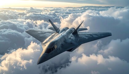 Stealth aircraft soaring through the clouds, in the sky