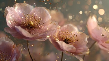 Delicate blush pink flowers adorned with golden glitter shimmering in a magical celebration of spring s beauty with