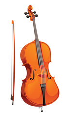 Naklejka premium Cello with a bow, representing classical music and stringed instruments. Vector cartoon illustration