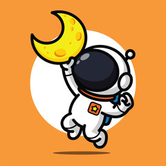 Cute Astronaut Holding Moon Illustration for Space Cartoon Character and Fantasy Dream Concept