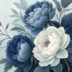 Elegant watercolor painting of blue and white peonies with dark green leaves, creating a sophisticated floral arrangement