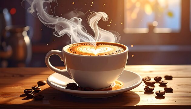 Steaming coffee latte with heart art and scattered beans on wood - Powered by Adobe