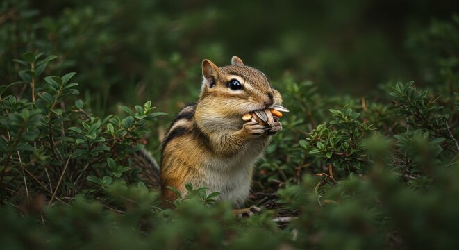 A charming chipmunk with stuffed cheeks amidst lush greenery in a forest