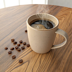 A cup of fresh coffee with coffee beans around