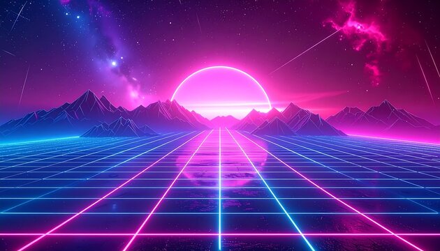Synthwave-style digital art, neon-lit landscape with mountains and sunset