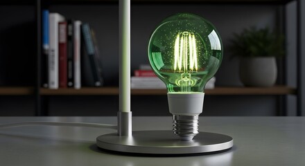 Modern Green LED Light Bulb on a Desk.