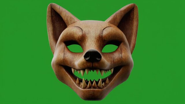 An ancient wooden fox mask slowly tilts to reveal a cunning, sinister smile&mdash;isolated against a green background, evoking mystery, folklore, and deceptive elegance.