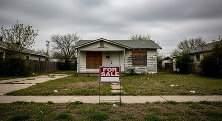 A run-down, abandoned house with boarded-up windows and a "FOR SALE" sign in a neglected yard under a cloudy sky, symbolizing economic distress.