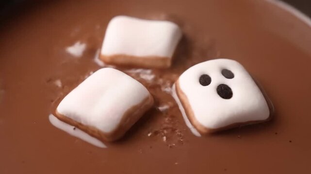 Hot chocolate beverage with marshmallows, including a marshmallow decorated to resemble a ghost face, in a cozy winter setting